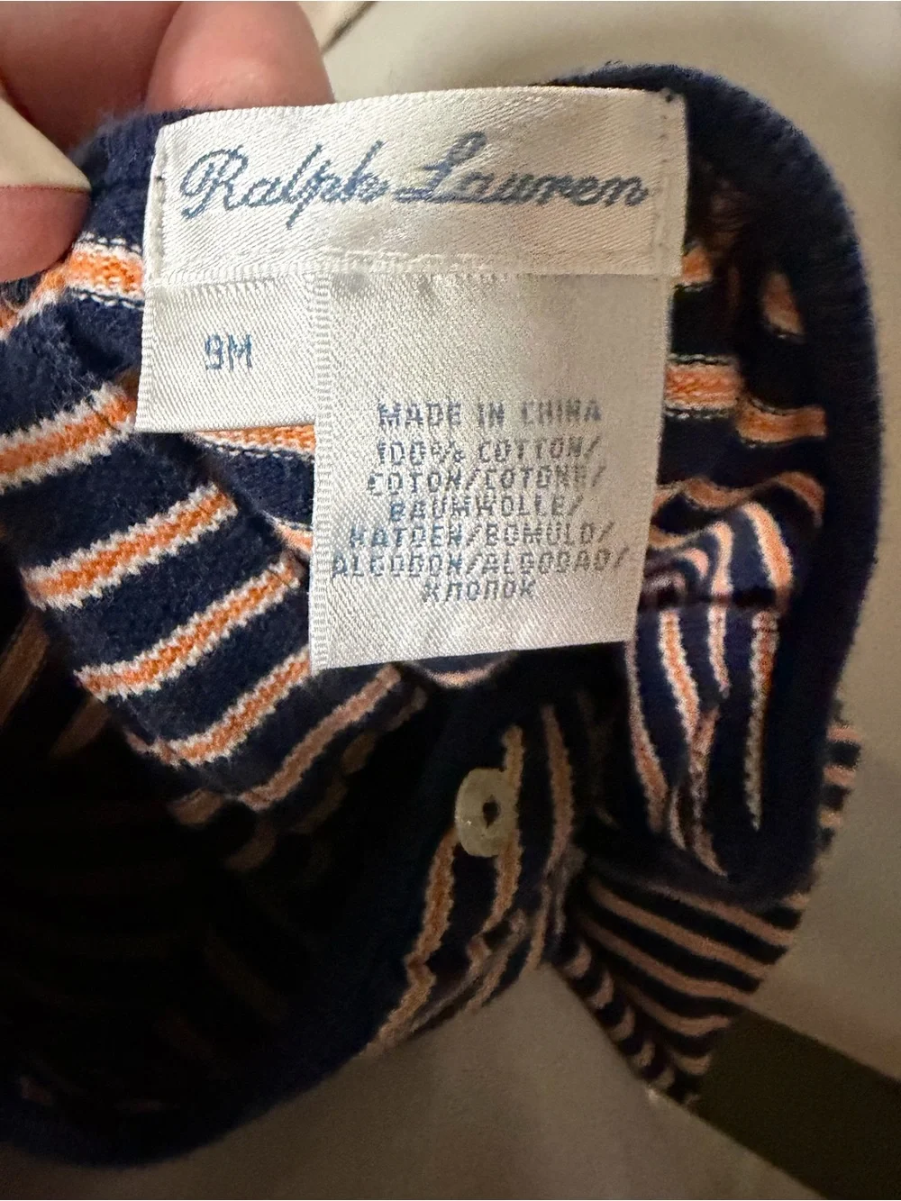 Vintage Ralph Lauren Navy Striped Baby Romper with Orange Pony